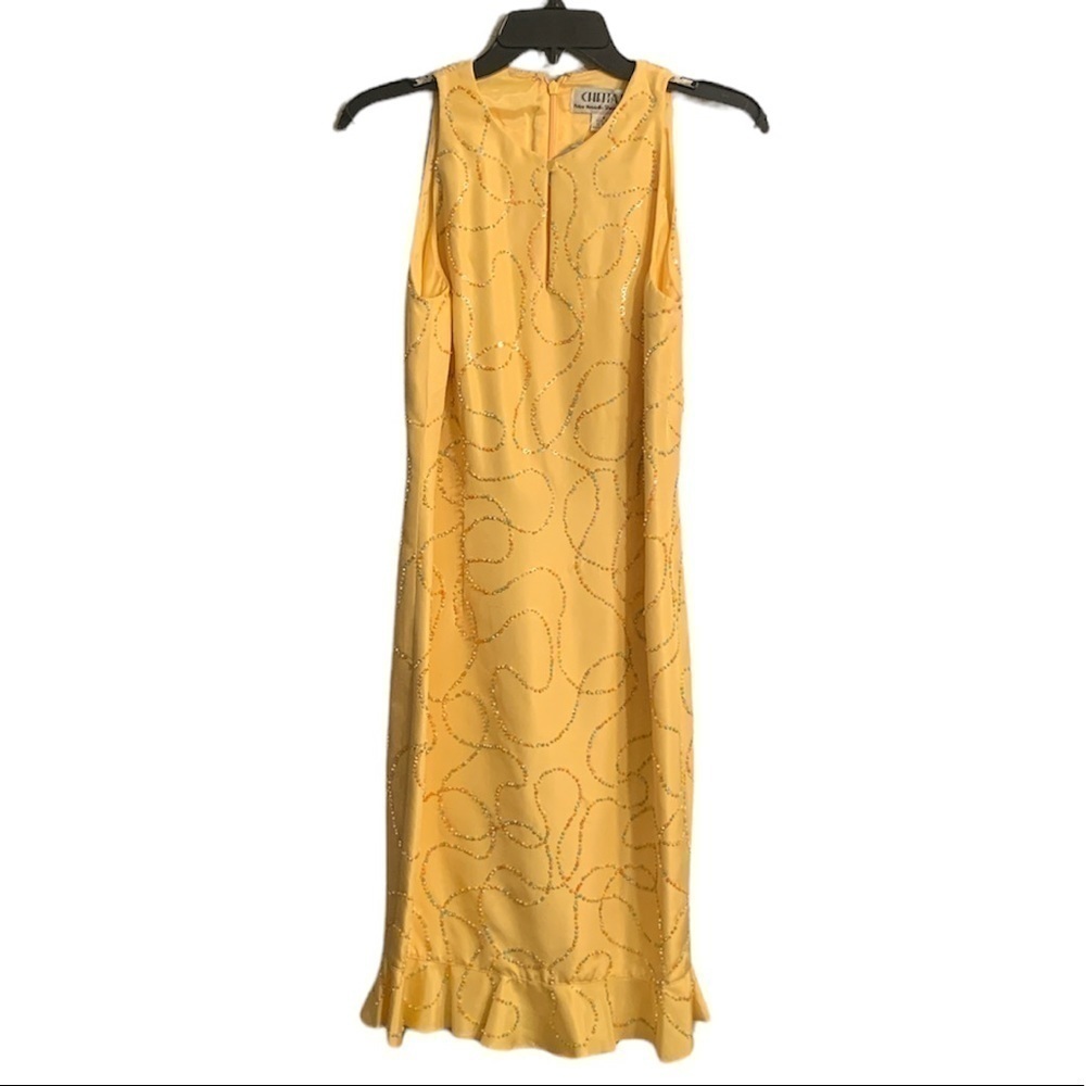 Chetta B Yellow Sleeveless Keyhole 100% Silk Beaded Flutter Hem Size 4